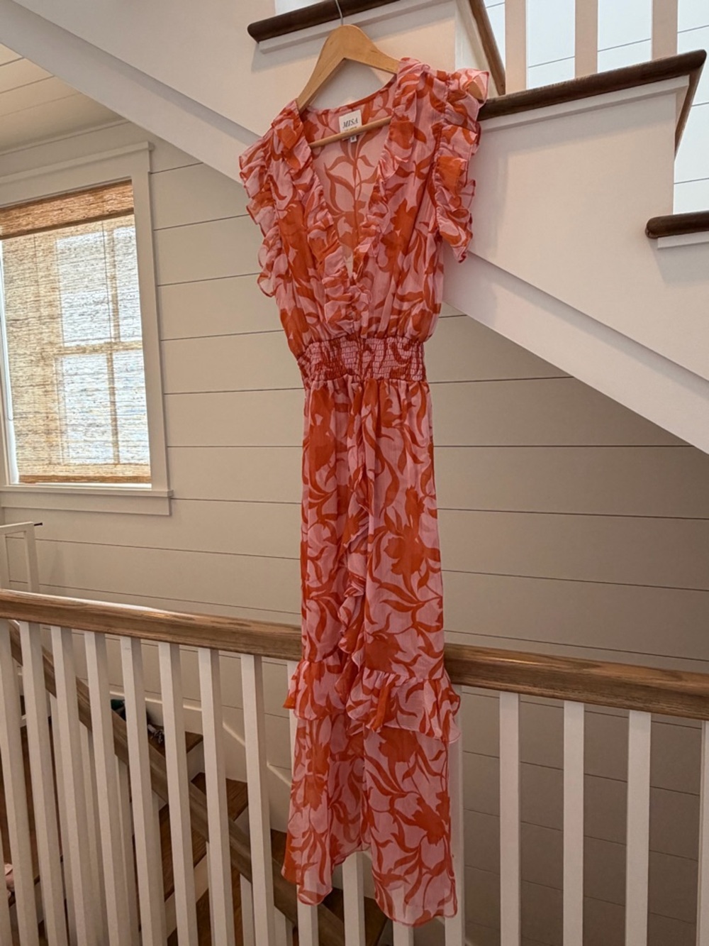 Misa Los Angeles Coral and Pink Floral Ruffle Maxi Dress